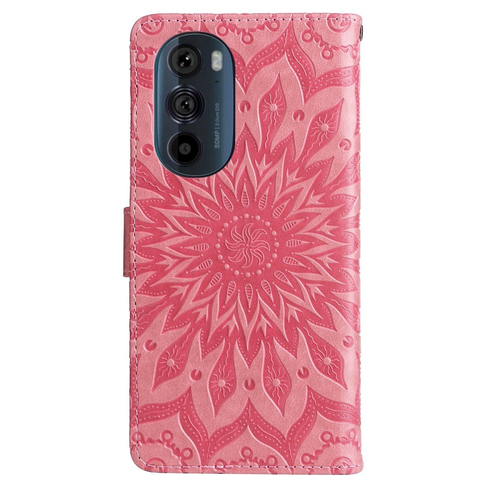 Motorola Edge 30 Pro Læder Mobil Cover m. Pung & Strop - Mandala Print - Lyserød