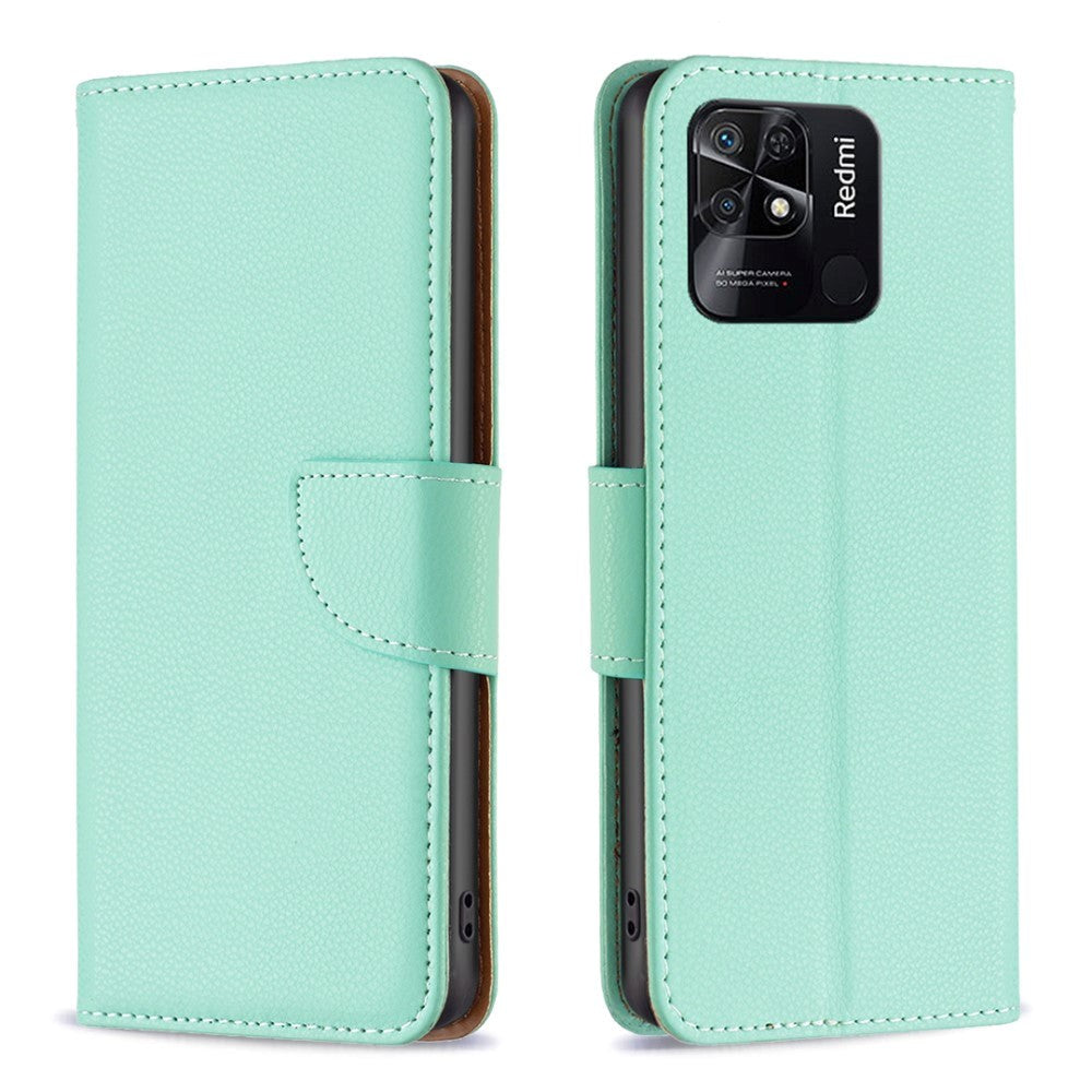 Xiaomi Redmi 10C PU Litchi Læder Flip Cover m. Pung & Ståfunktion - Grøn