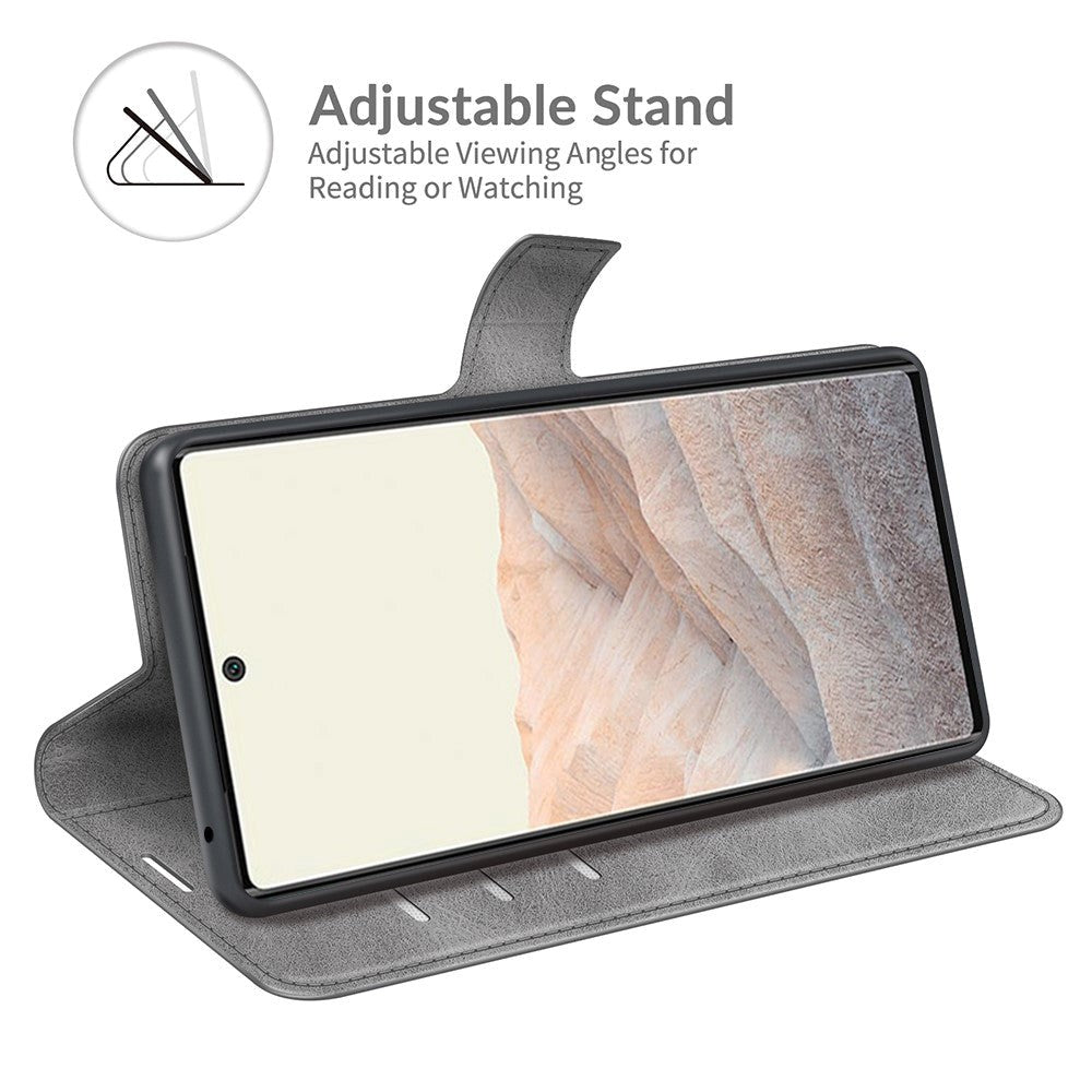 Google Pixel 6 Pro Læder Flip Cover m. Kortholder & Magnetisk Åbne/Lukke Funktion - Grå