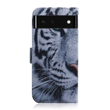 Google Pixel 6 Læder Flip Cover m. Pung & Print - Tiger