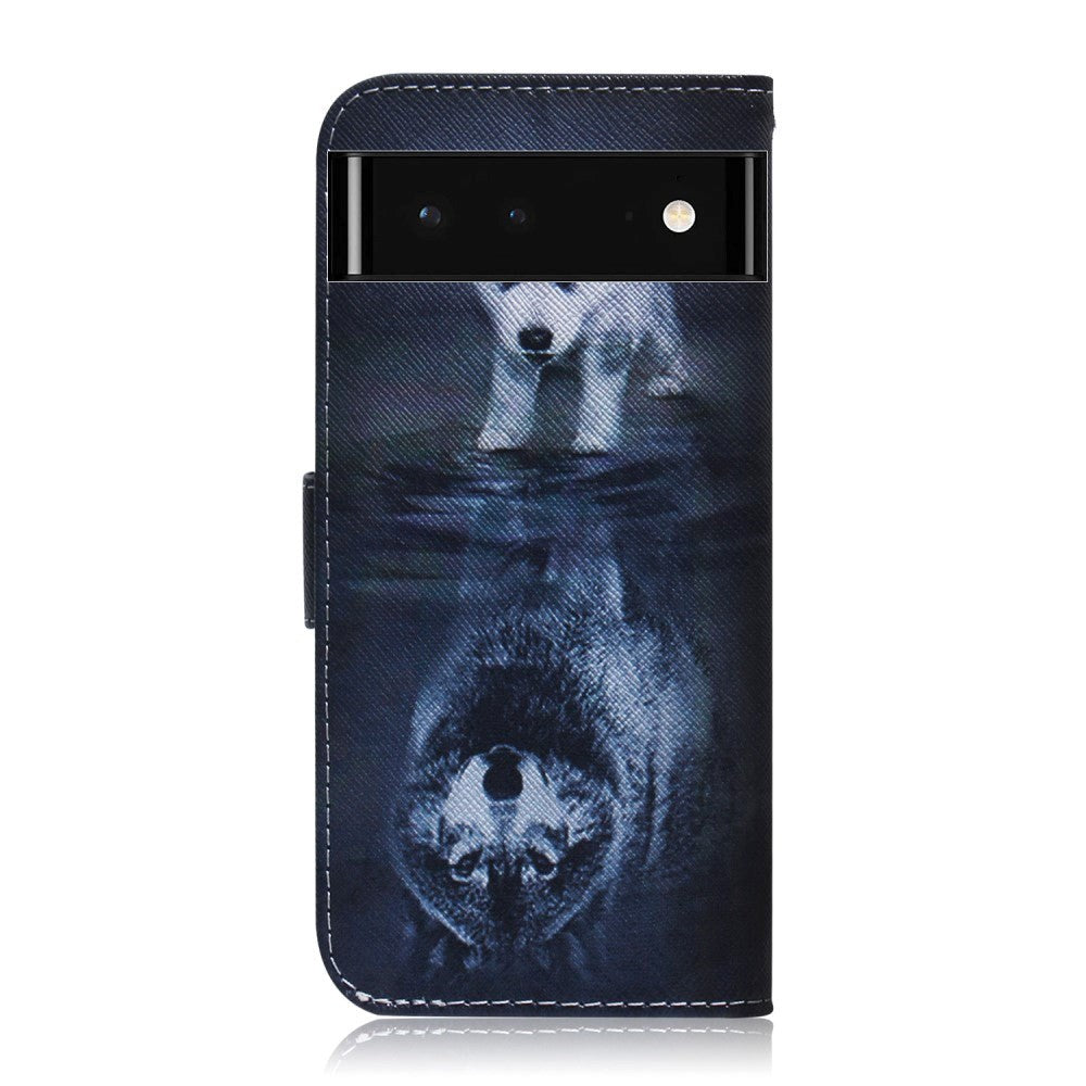 Google Pixel 6 Læder Flip Cover m. Pung & Print - Hund og Ulv