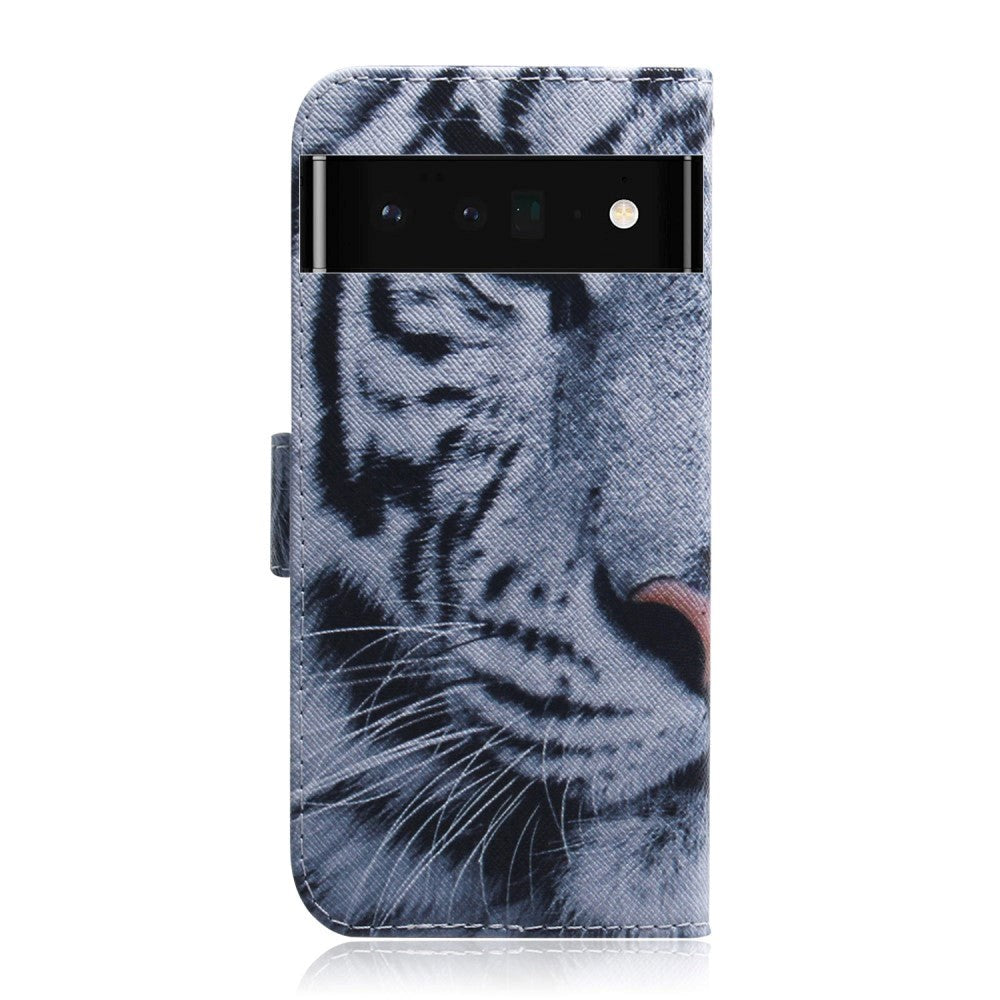 Google Pixel 6 Pro Læder Flip Cover m. Pung & Print - Hvid Tiger