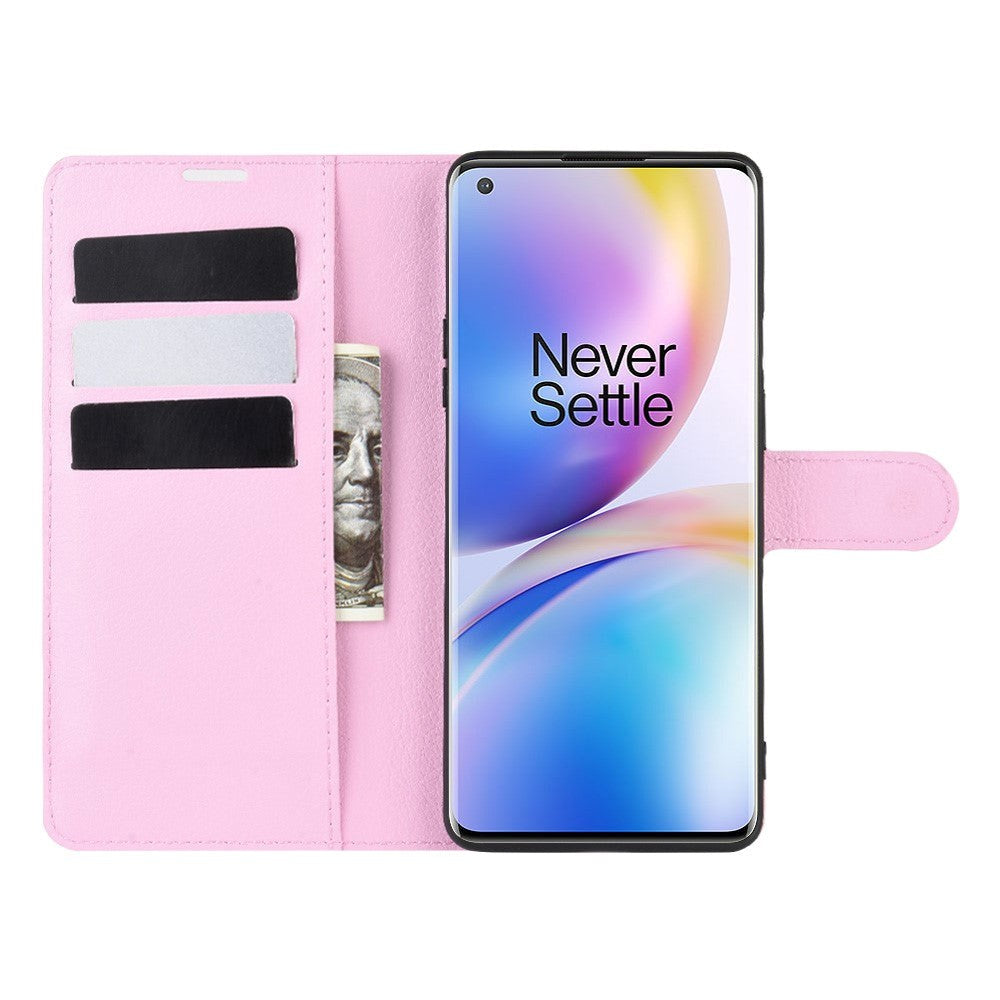 OnePlus 8 Pro Litchi Læder Flip Cover m. Pung - Lyserød