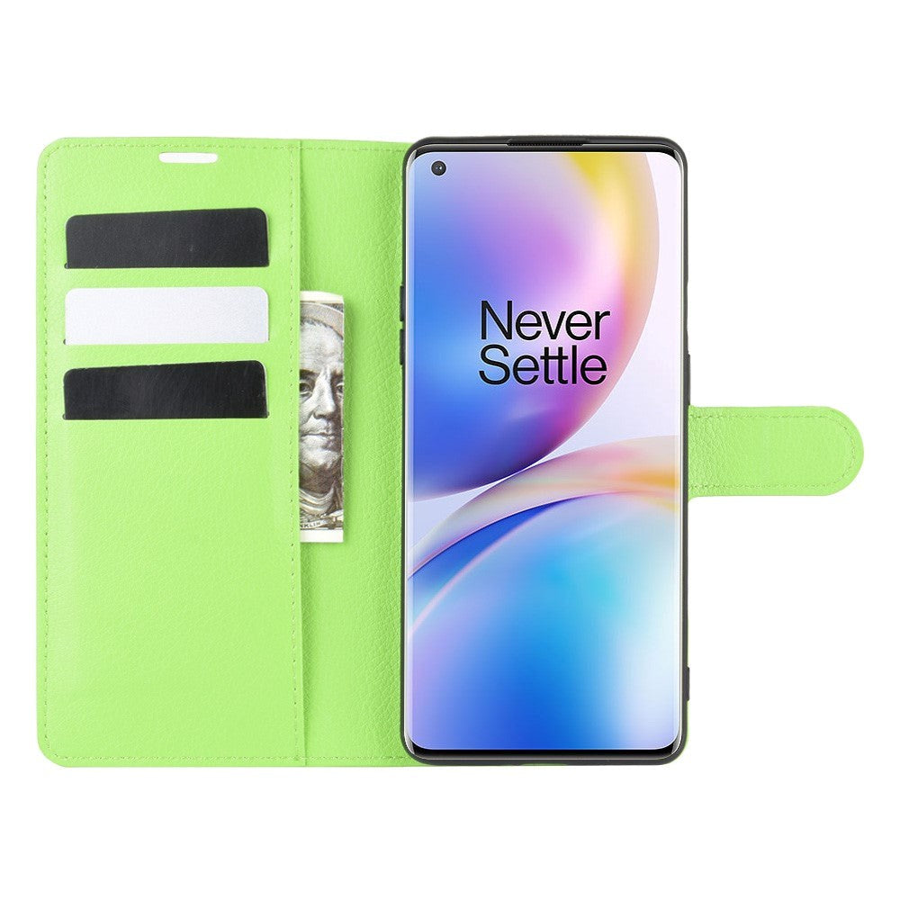 OnePlus 8 Pro Litchi Læder Flip Cover m. Pung - Grøn