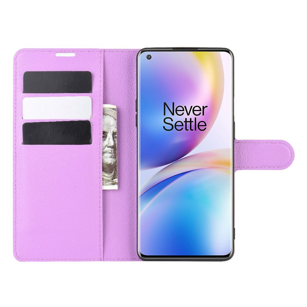 OnePlus 8 Pro Litchi Læder Flip Cover m. Pung - Lilla