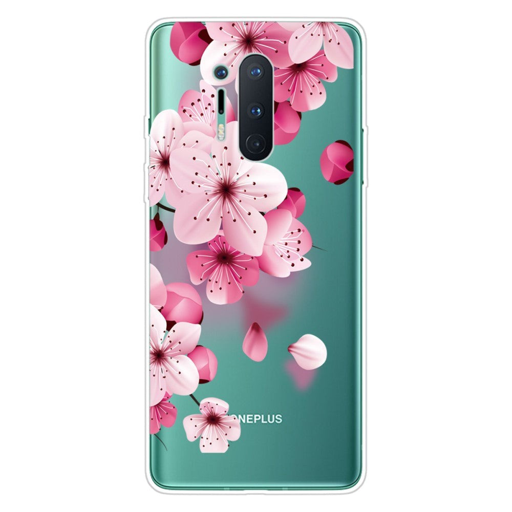 OnePlus 8 Pro Fleksibel Plastik Bagside Cover m. Print - Gennemsigtig / Lyserøde Blomster