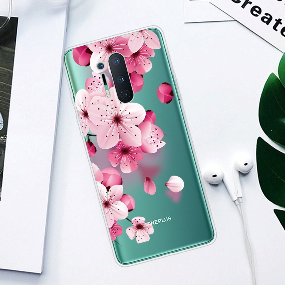 OnePlus 8 Pro Fleksibel Plastik Bagside Cover m. Print - Gennemsigtig / Lyserøde Blomster