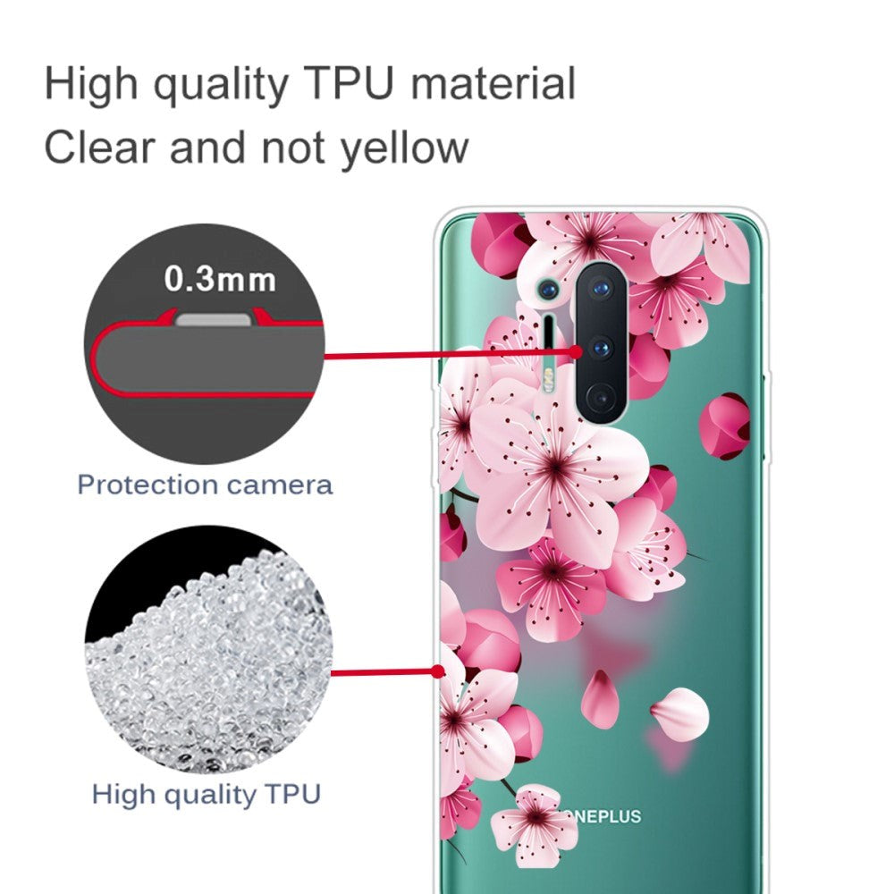 OnePlus 8 Pro Fleksibel Plastik Bagside Cover m. Print - Gennemsigtig / Lyserøde Blomster