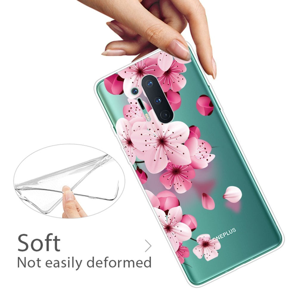 OnePlus 8 Pro Fleksibel Plastik Bagside Cover m. Print - Gennemsigtig / Lyserøde Blomster