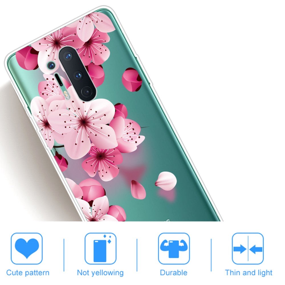 OnePlus 8 Pro Fleksibel Plastik Bagside Cover m. Print - Gennemsigtig / Lyserøde Blomster