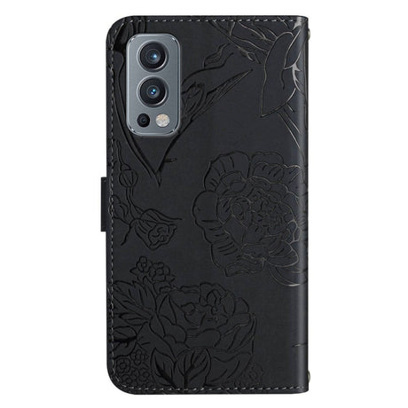 OnePlus Nord 2 (5G) Læder Flip Cover m. Pung & Strop - Sommerfugl Indgravering - Sort