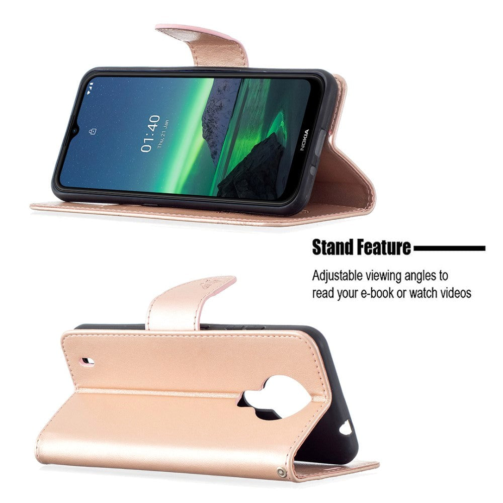 Nokia 1.4 Imiteret Læder Flip Cover m. Pung & Strop - Sommerfugl - Rose Gold