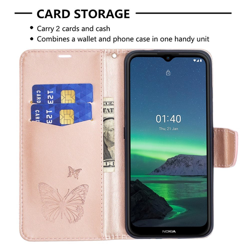 Nokia 1.4 Imiteret Læder Flip Cover m. Pung & Strop - Sommerfugl - Rose Gold