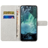 Nokia G21 / G11 Læder Flip Cover m. Pung og Print - Farverig Fjer