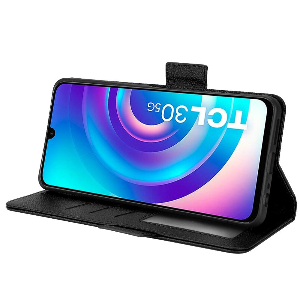 TCL 30 (4G) PU Litchi Læder Flip Cover m. Pung - Sort