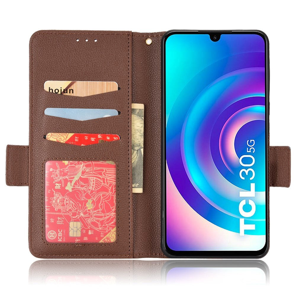 TCL 30 (4G) PU Litchi Læder Flip Cover m. Pung - Brun