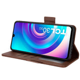 TCL 30 (4G) PU Litchi Læder Flip Cover m. Pung - Brun