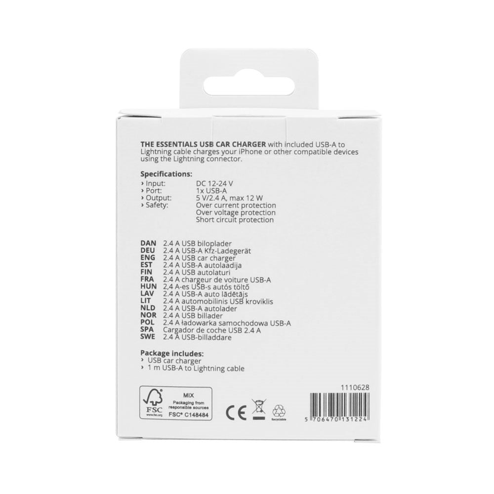 Essentials 12W Biloplader m. Lightning Kabel - 1m - Sort