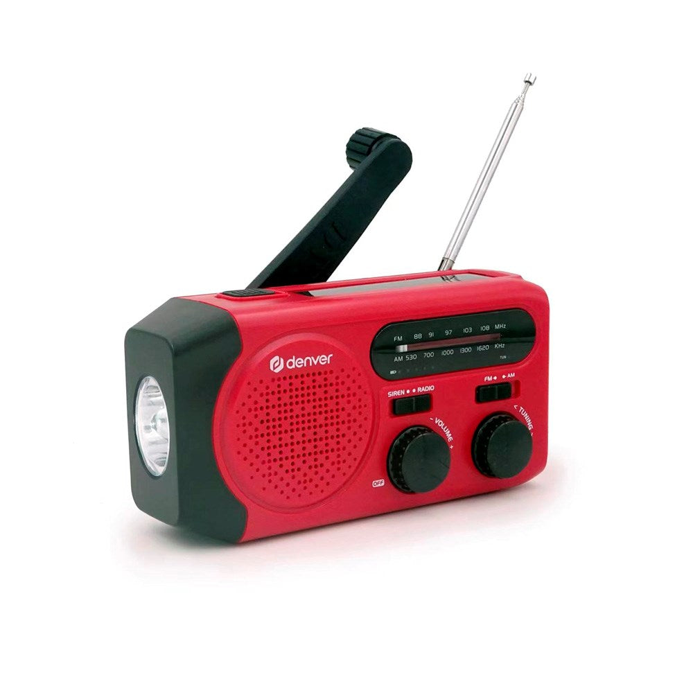 Denver Nødradio m. Indbygget Solcelleopladning & AM / FM Radio & Lommelygte - Rød