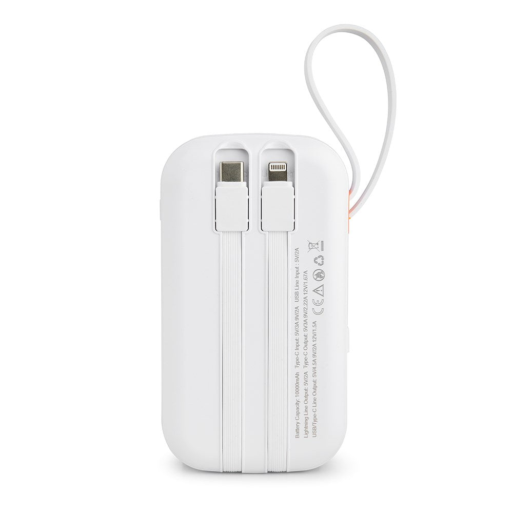 Xceed Powerbank - 10.000 mAh - Indbyggede Kabler - Fast Charge - Hvid