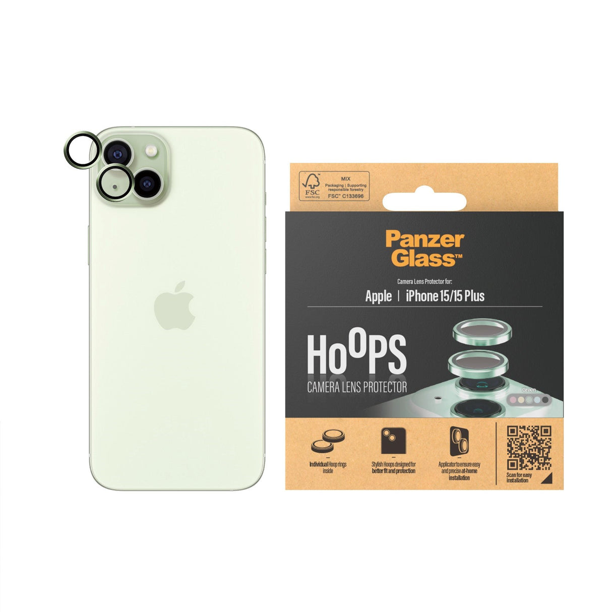 iPhone 15 / 15 Plus PanzerGlass Hoops - Beskyttelse til Kamera - Platinum Strength - Gennemsigtig / Grøn