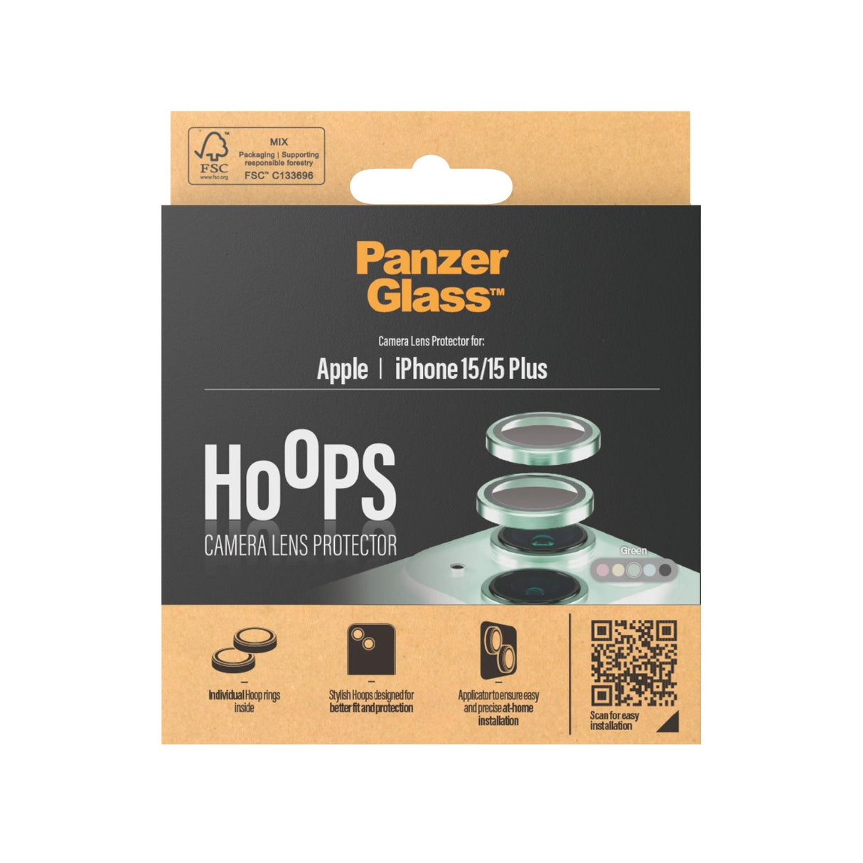 iPhone 15 / 15 Plus PanzerGlass Hoops - Beskyttelse til Kamera - Platinum Strength - Gennemsigtig / Grøn