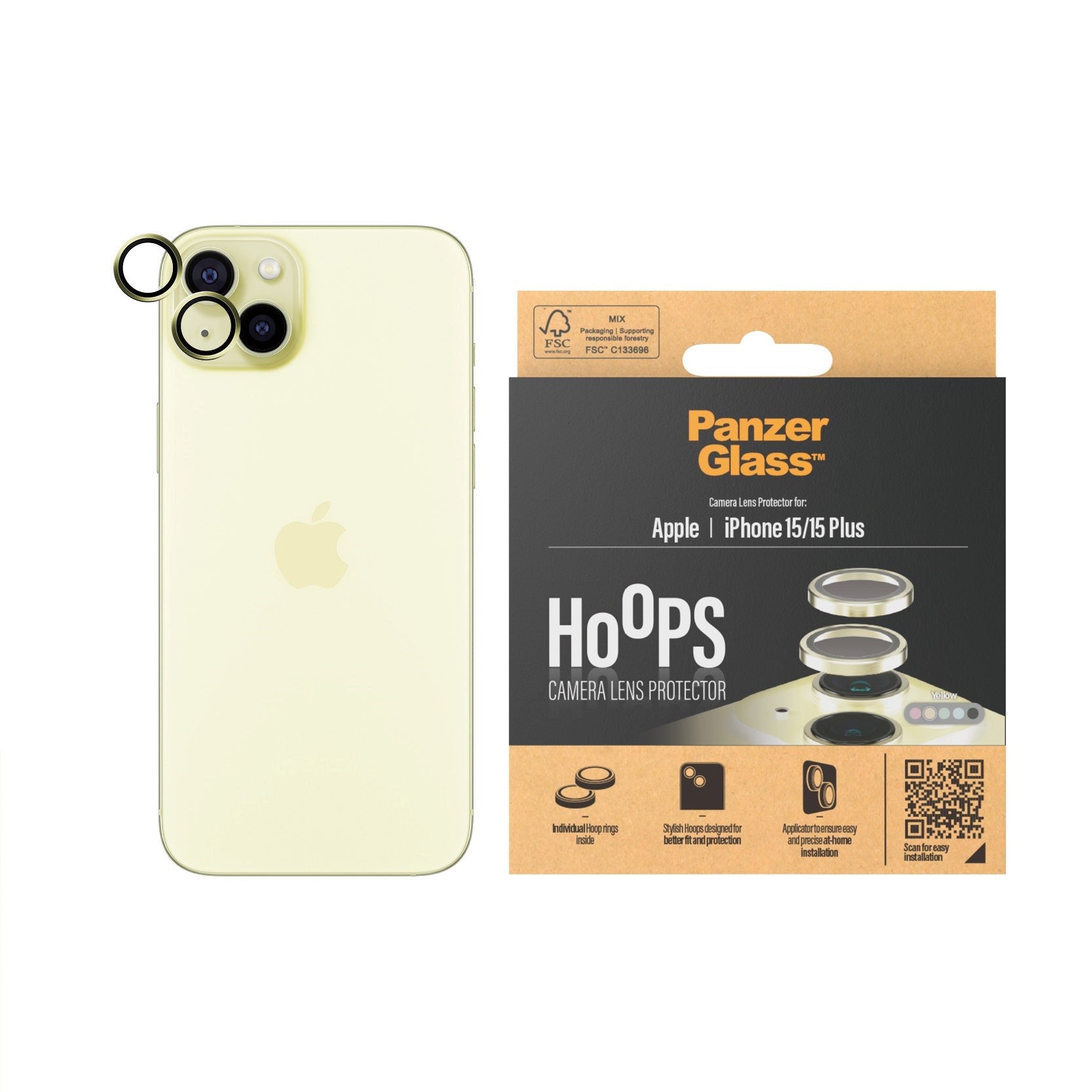 iPhone 15 / 15 Plus PanzerGlass Hoops - Beskyttelse til Kamera - Platinum Strength - Gennemsigtig / Gul