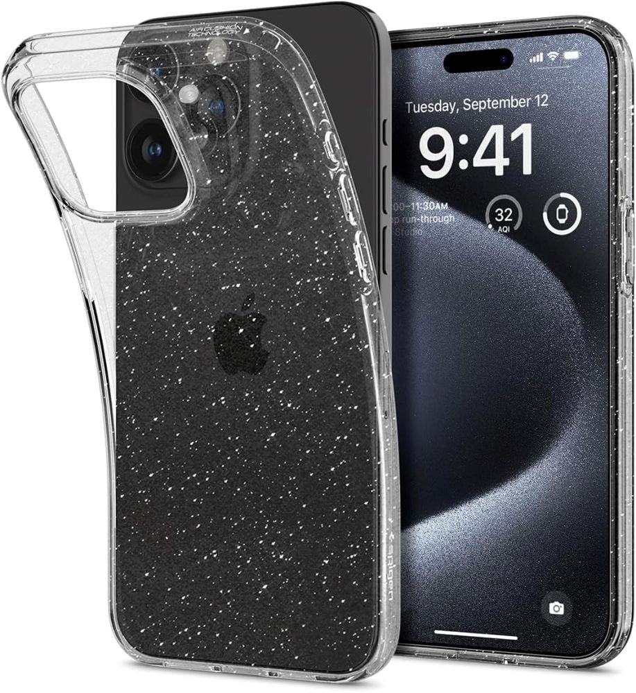 iPhone 15 Pro Spigen Liquid Crystal Glitter Bagside Cover - Gennemsigtig