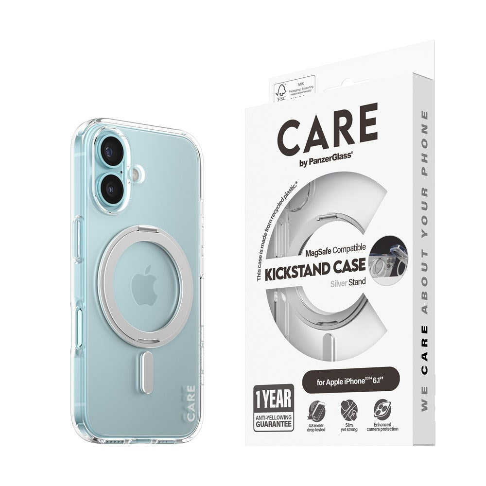 CARE by PanzerGlass iPhone 16 Feature Kickstand Cover - MagSafe Kompatibel - Transparent / Silver