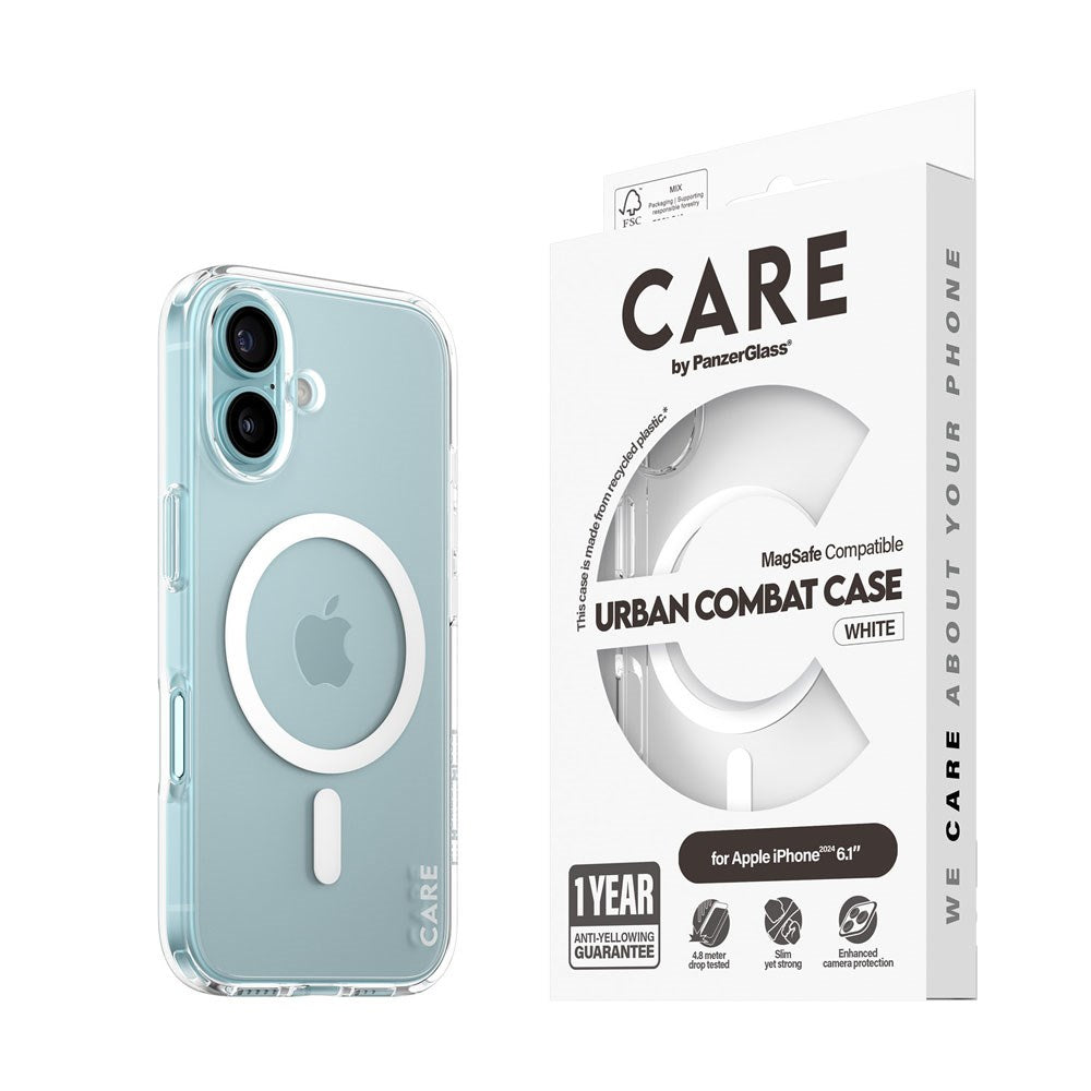 CARE by PanzerGlass iPhone 16 FLAGSHIP Urban Combat Cover - MagSafe Kompatibel - Transparent / White