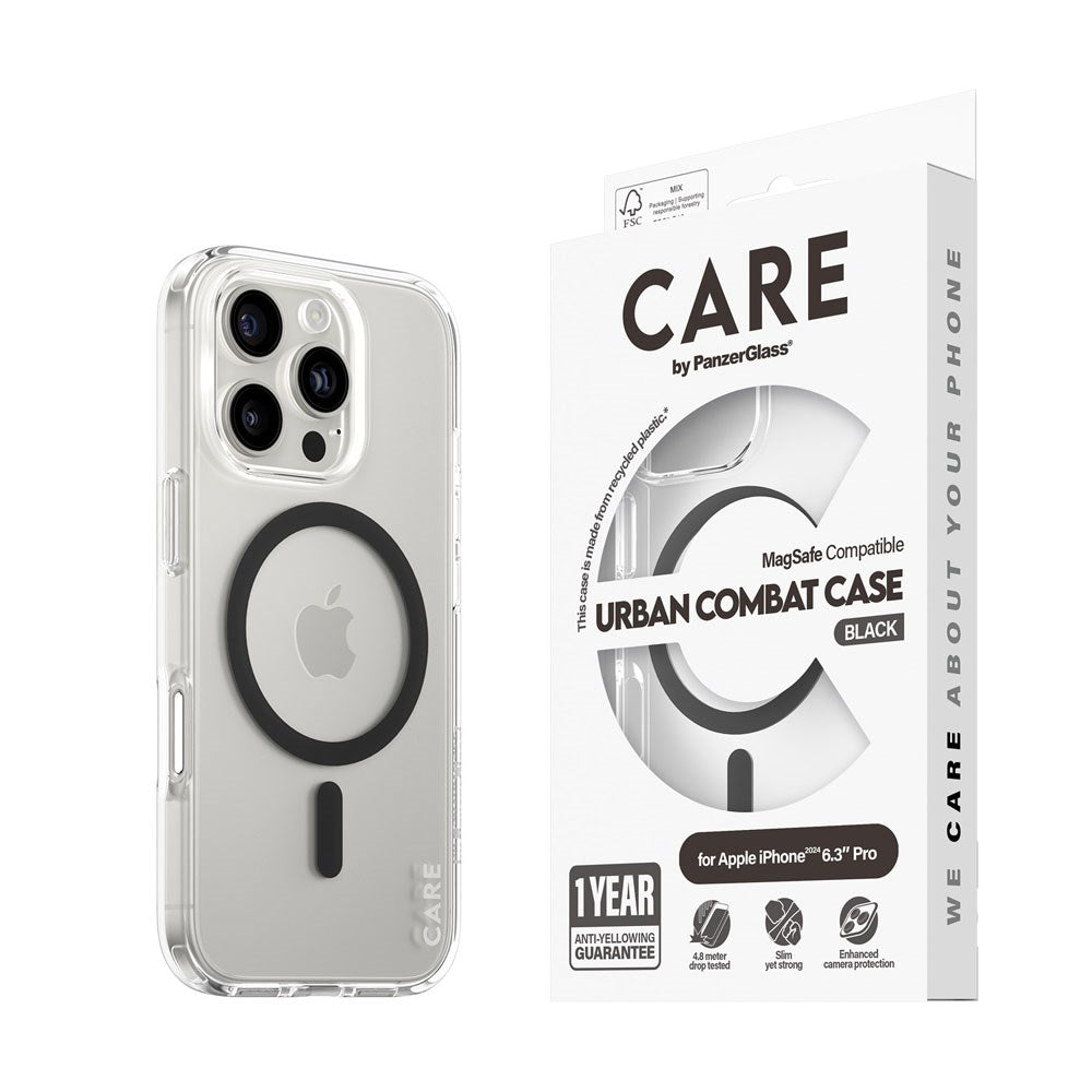CARE by PanzerGlass iPhone 16 Pro FLAGSHIP Urban Combat Cover - MagSafe Kompatibel - Transparent / Black