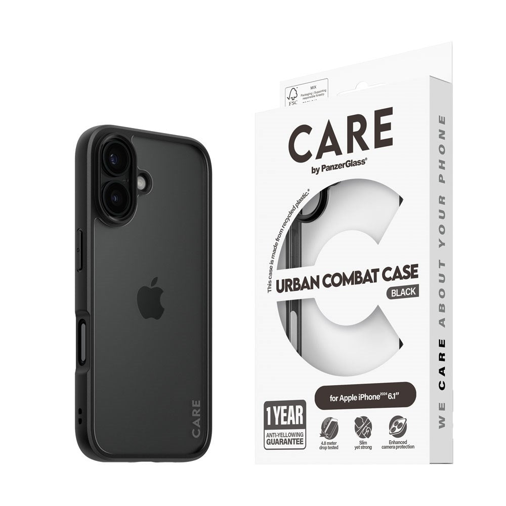 CARE by PanzerGlass iPhone 16 FLAGSHIP Urban Combat Cover - Transparent / Black Frame