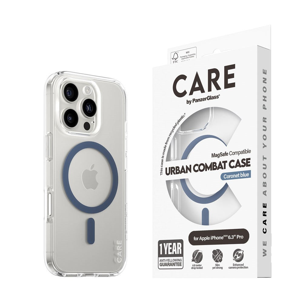 CARE by PanzerGlass iPhone 16 Pro FLAGSHIP Urban Combat Cover - MagSafe Kompatibel - Transparent / Coronet Blue