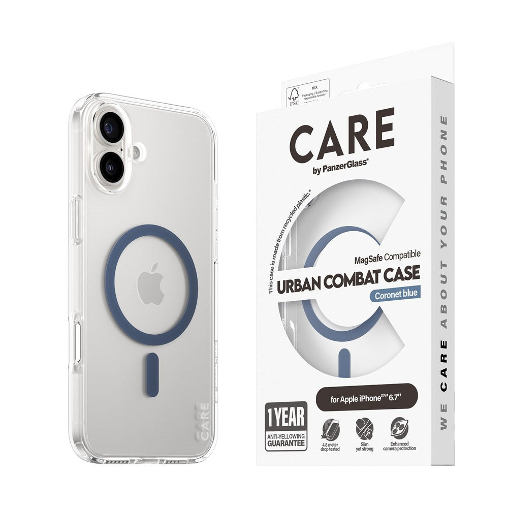 CARE by PanzerGlass iPhone 16 Plus FLAGSHIP Urban Combat Cover - MagSafe Kompatibel - Transparent / Coronet Blue