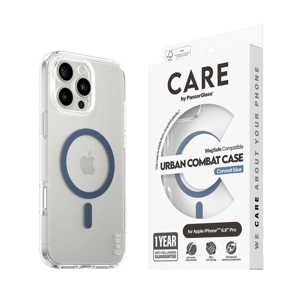 CARE by PanzerGlass iPhone 16 Pro Max FLAGSHIP Urban Combat Cover - MagSafe Kompatibel - Transparent / Coronet Blue
