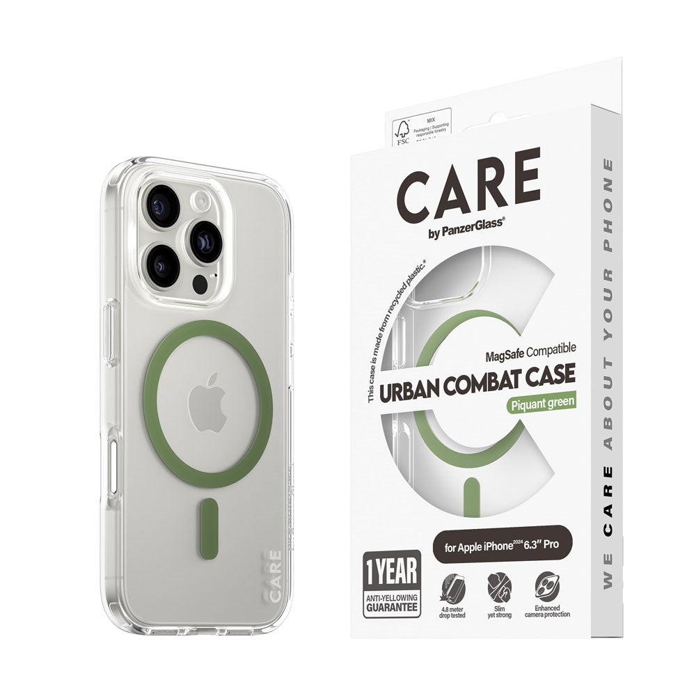 CARE by PanzerGlass iPhone 16 Pro FLAGSHIP Urban Combat Cover - MagSafe Kompatibel - Transparent / Piquant Green