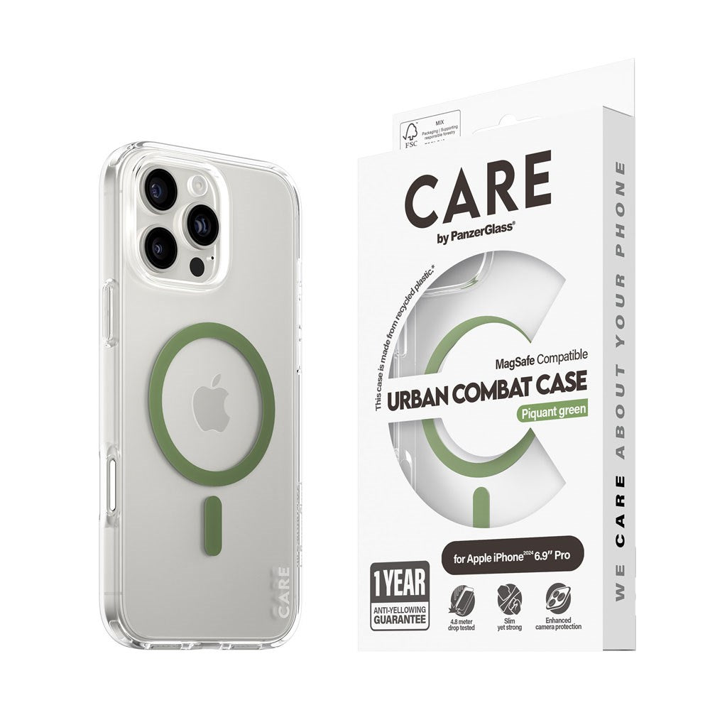 CARE by PanzerGlass iPhone 16 Pro Max FLAGSHIP Urban Combat Cover - MagSafe Kompatibel - Transparent / Piquant Green