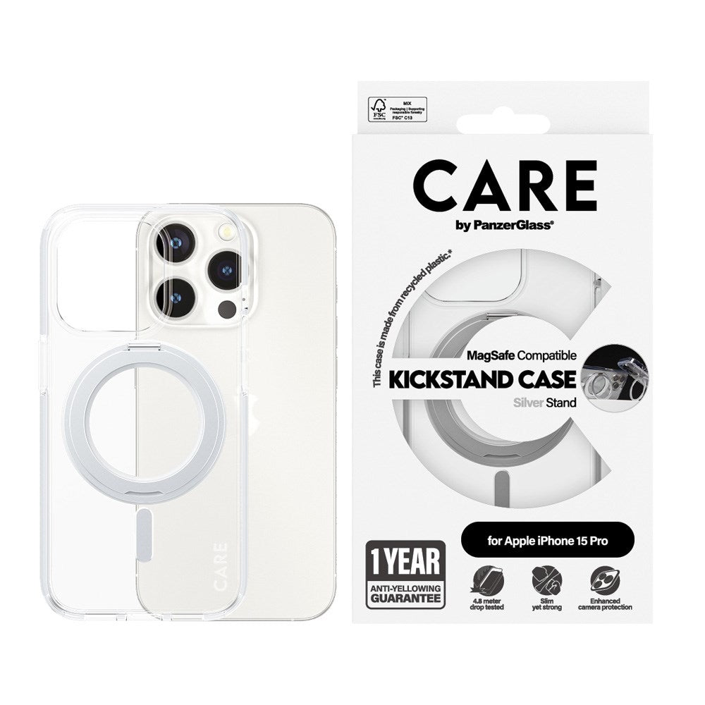 CARE by PanzerGlass iPhone 15 Pro Feature Kickstand Cover - MagSafe Kompatibel - Transparent / Silver