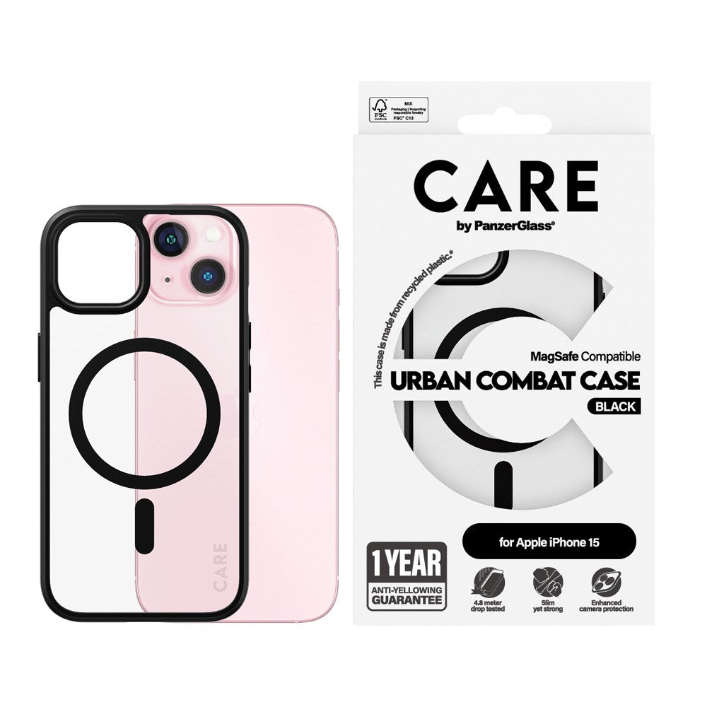 CARE by PanzerGlass iPhone 15 FLAGSHIP Urban Combat Cover - MagSafe Kompatibel - Transparent / Black