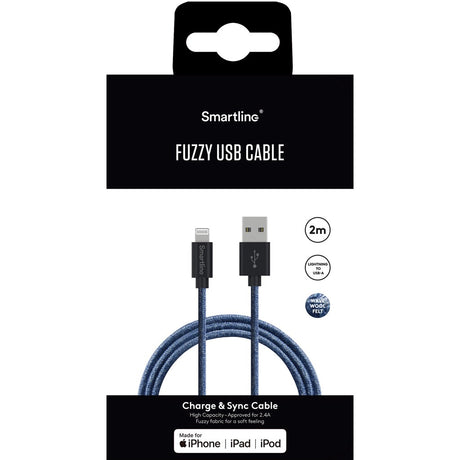 Smartline Fuzzy USB-A til Lightning Kabel 2 m. - Blå