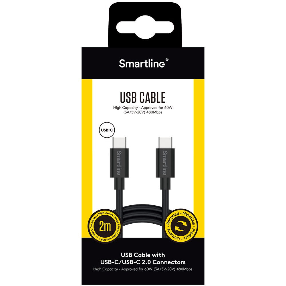 Smartline USB-C til USB-C Kabel (3A/60W) - 2 m. - Sort