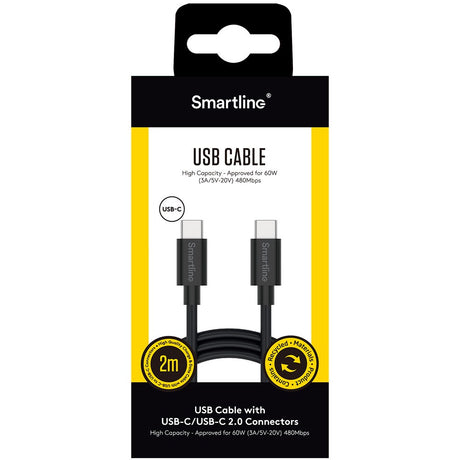 Smartline USB-C til USB-C Kabel (3A/60W) - 2 m. - Sort