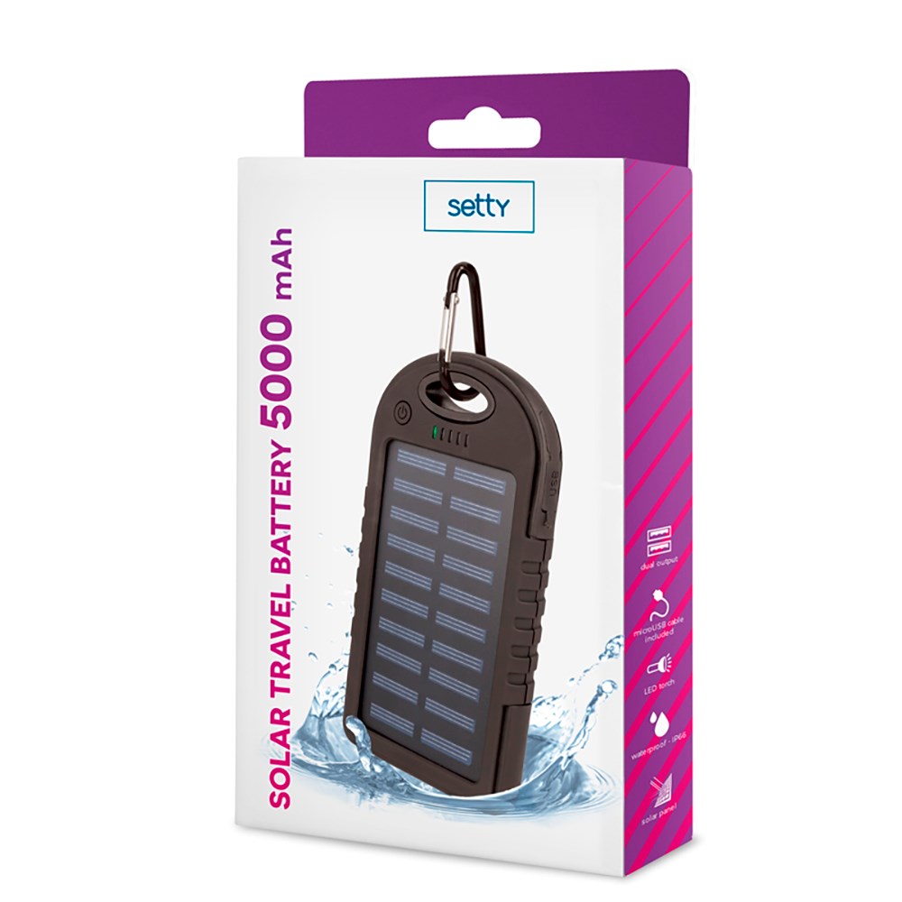 Setty Powerbank m. Solcelle 5.000 mAh 10W 2 x USB-A - Sort