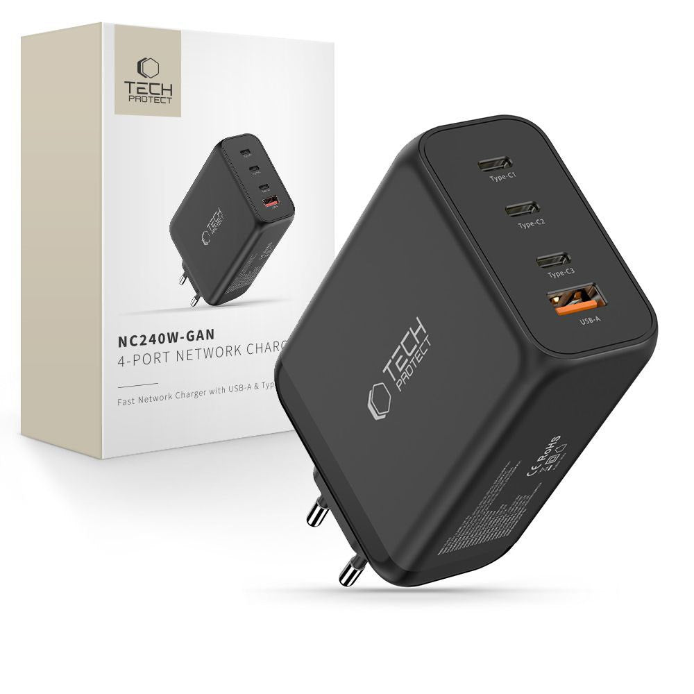Tech-Protect Vægoplader m. 3x USB-C / 1x USB-A - 240W - Sort