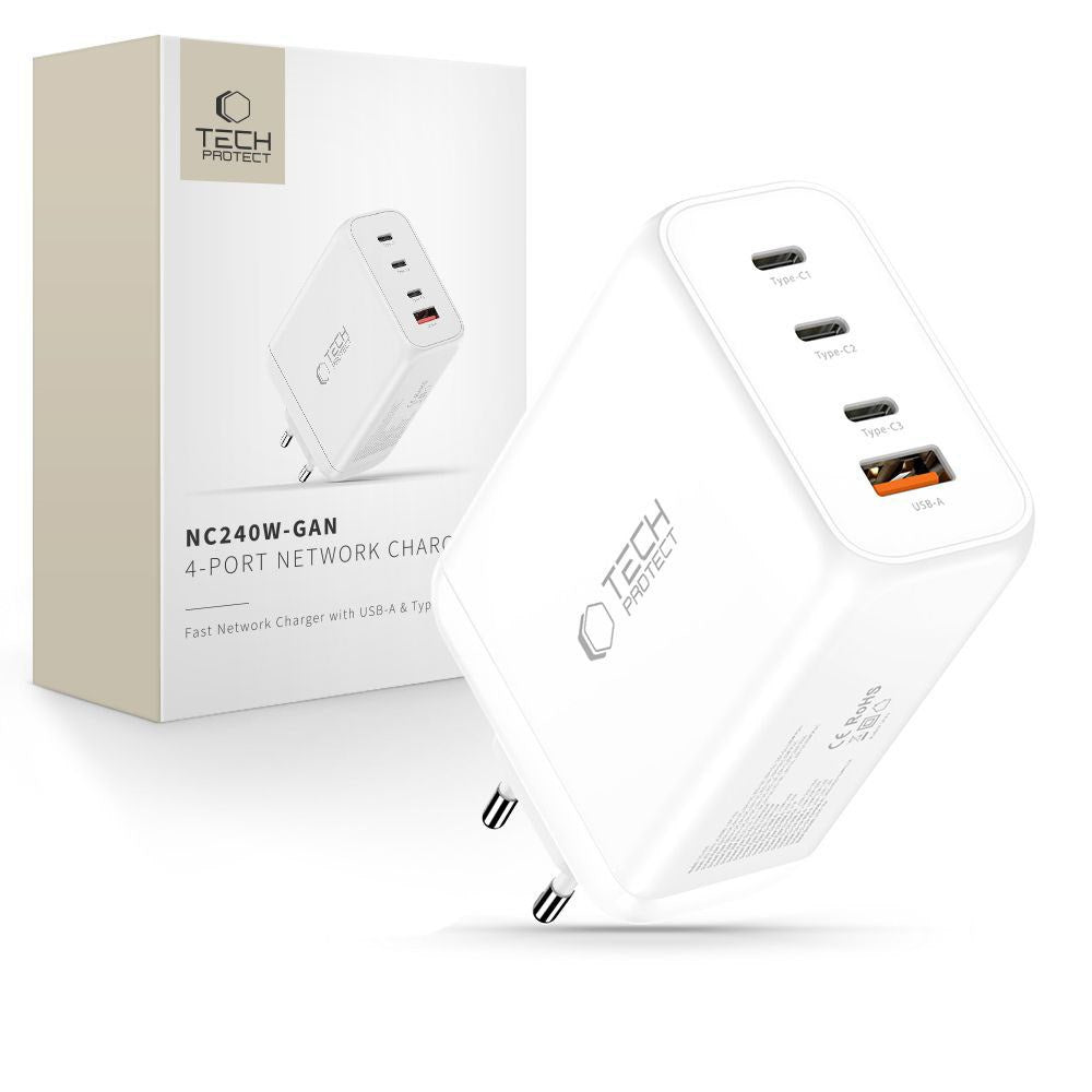 Tech-Protect Vægoplader m. 3x USB-C / 1x USB-A - 240W - Hvid