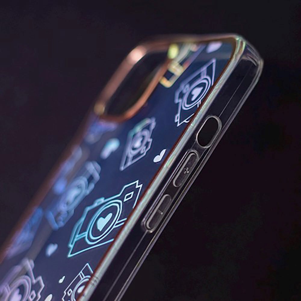 iPhone 14 Pro Max Hybrid Plastik Bagside Cover m. Holografisk Print - Kamera Motiv - Gennemsigtig