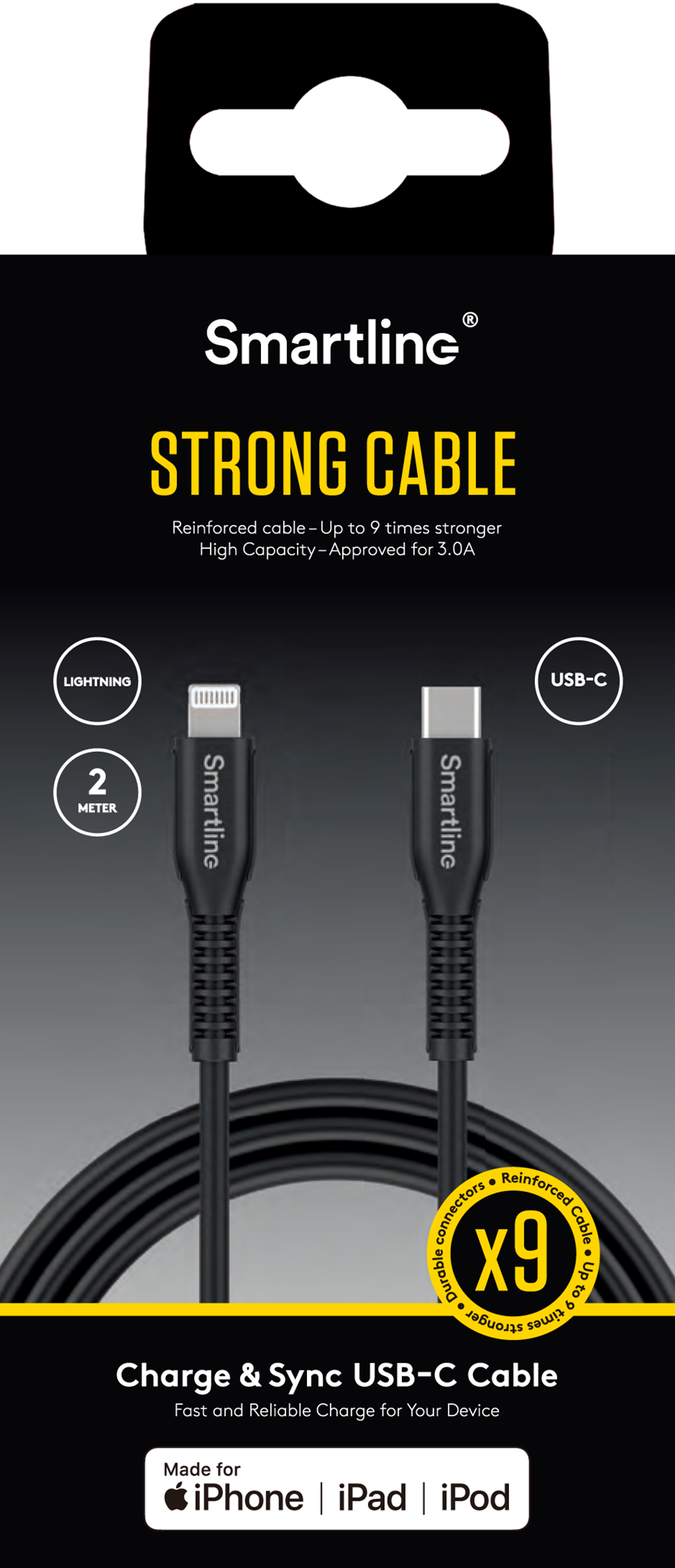 Smartline Strong 15W USB-C til Lightning Kabel 2 Meter - Sort