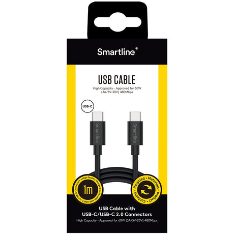 Smartline USB-C til USB-C Kabel (3A/60W) - 1 m. - Sort