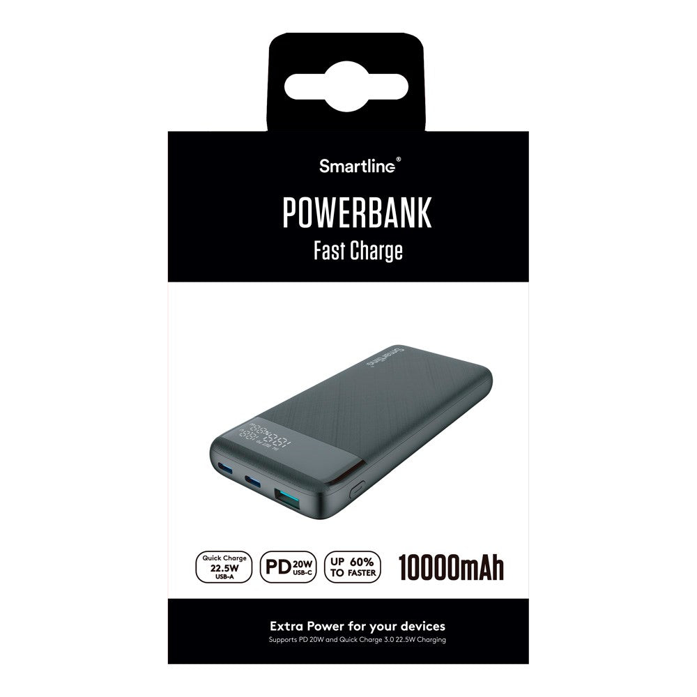 Smartline 20W Powerbank - 10.000mAh - PD / QC3.0 - LED-Display - Sort