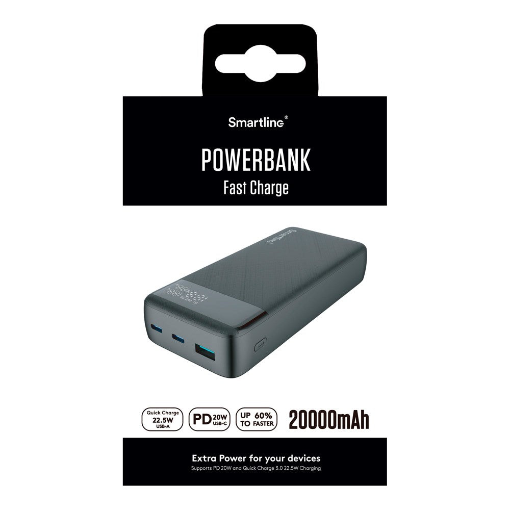 Smartline 22,5W Powerbank - 20.000mAh - PD / QC3.0 - LED-Display - Sort